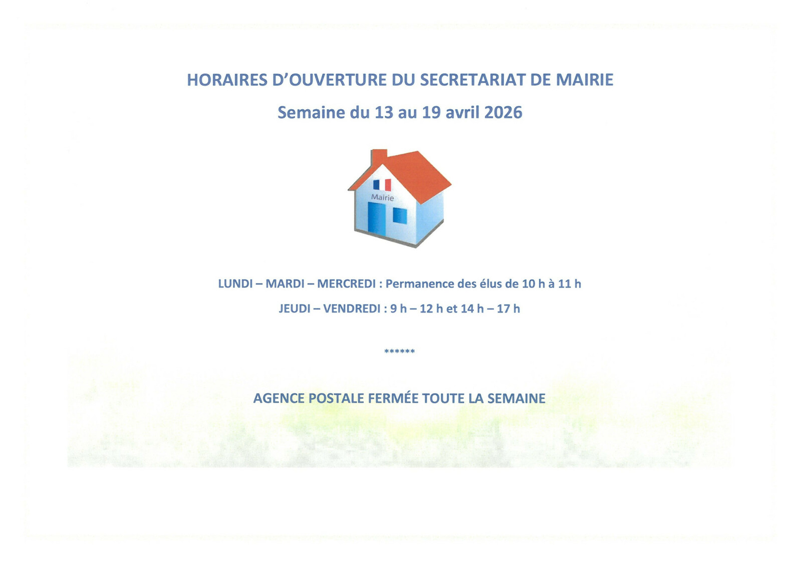 Horaires d'ouverture secr&eacute;tariat de mairie vacances de printemps